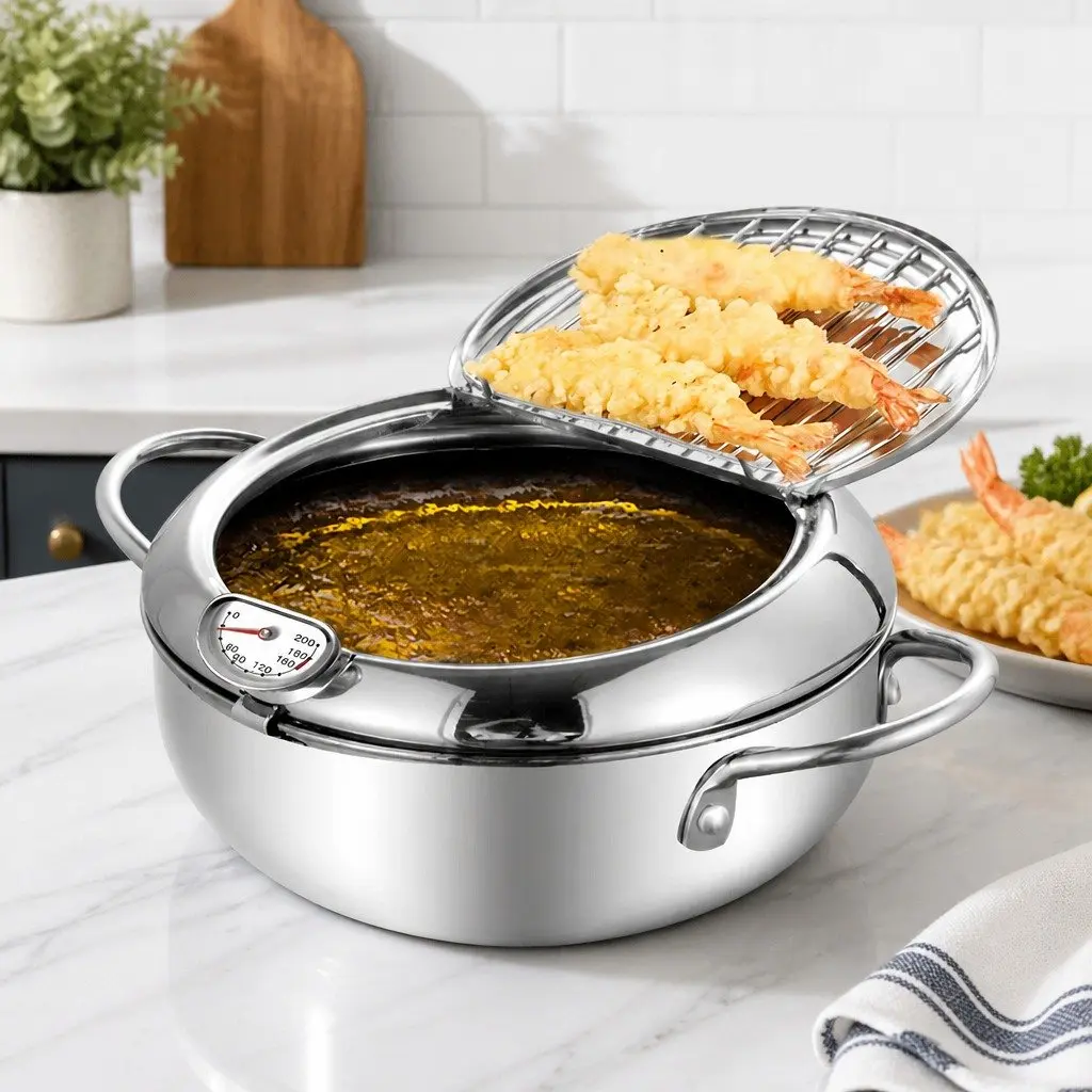 24cm Stainless Steel Deep Frying Pan with Thermometer