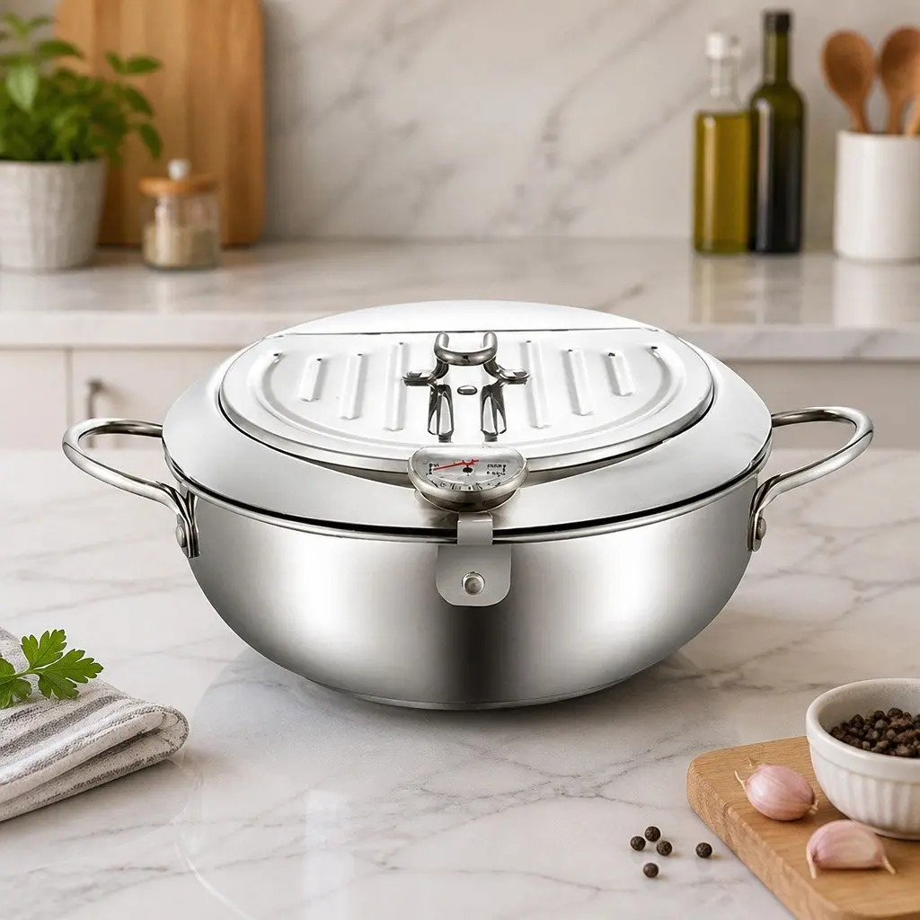 Deep Frying Pan Food Grade 304 Stainless Steel 24cm Silver