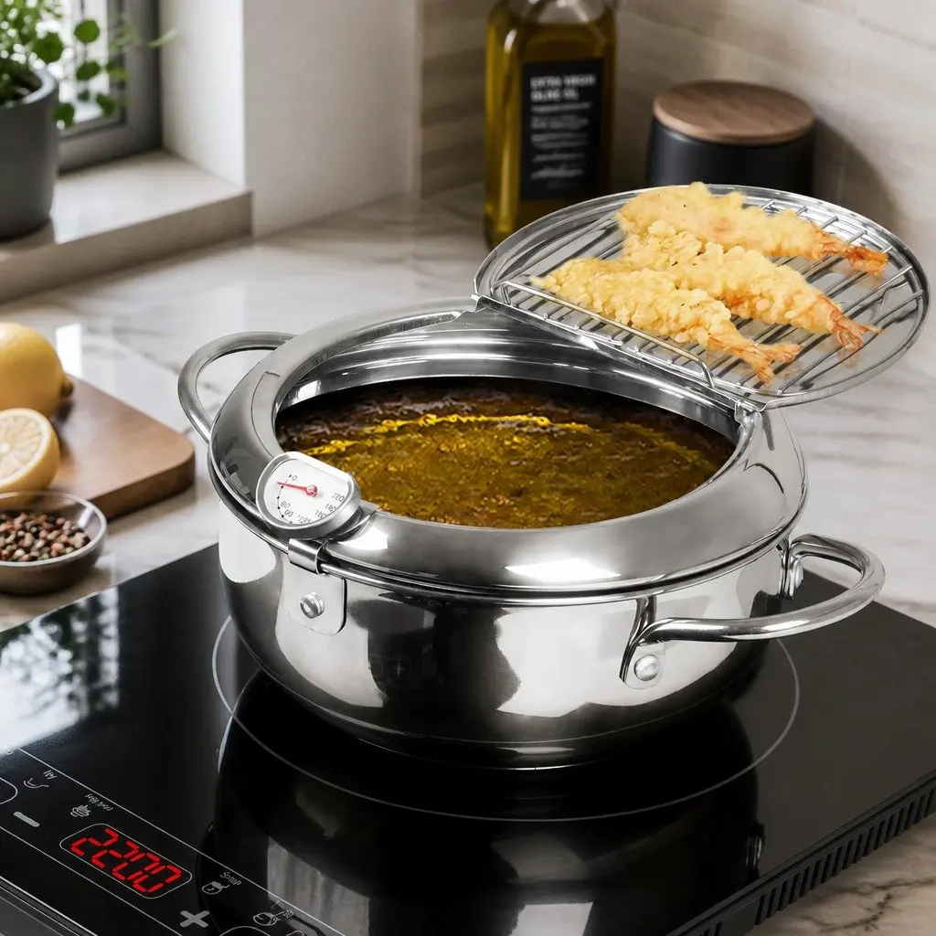 Deep Frying Pan Food Grade 304 Stainless Steel 24cm Silver