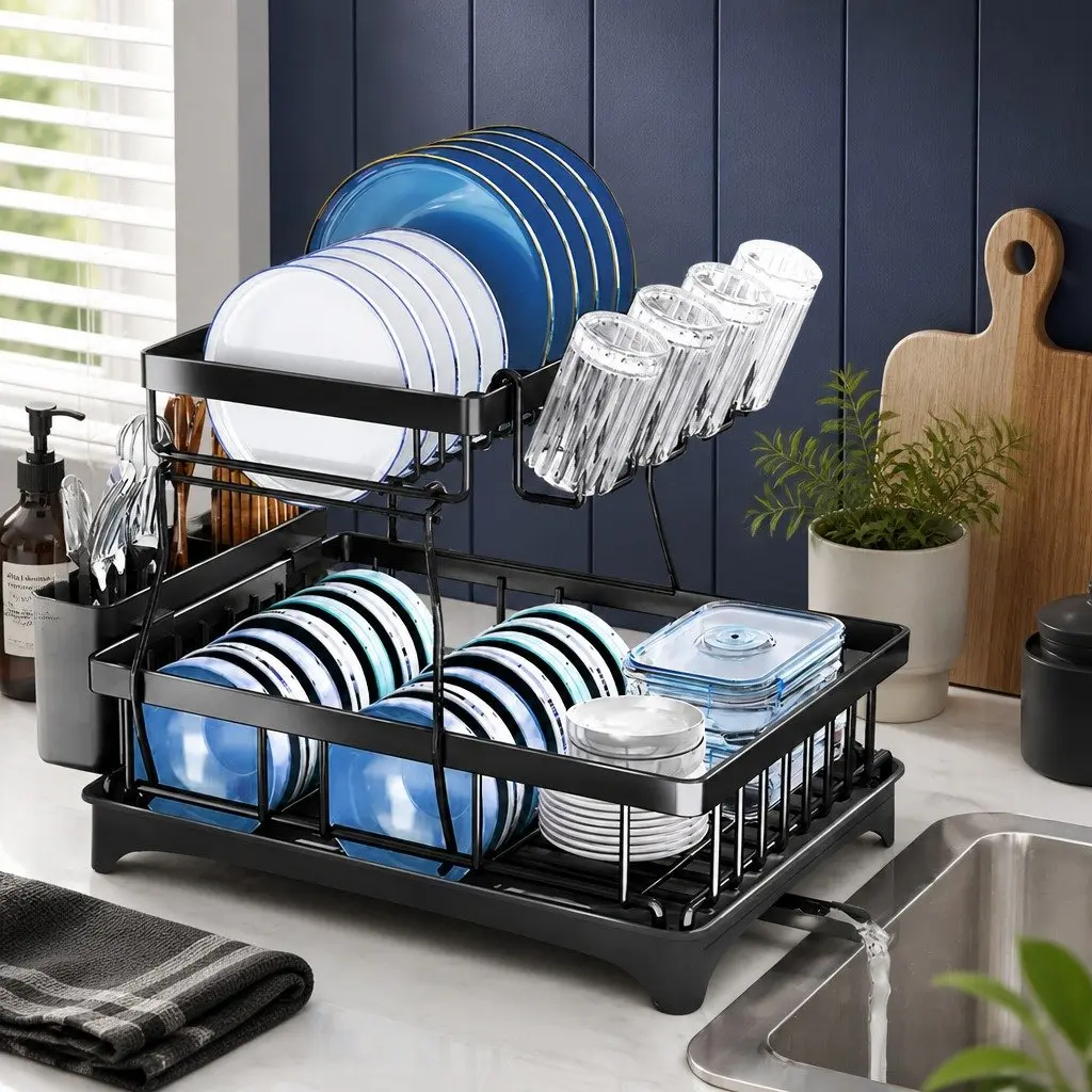 2 Tier Dish Drying Rack with Removable Sections