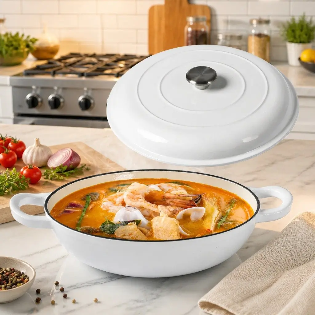 Cast Iron Dutch Oven Enamel 3.5L Shallow Pan White