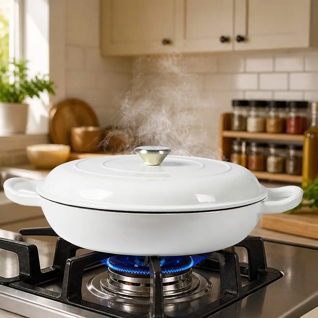 Cast Iron Dutch Oven Enamel 3.5L Shallow Pan White