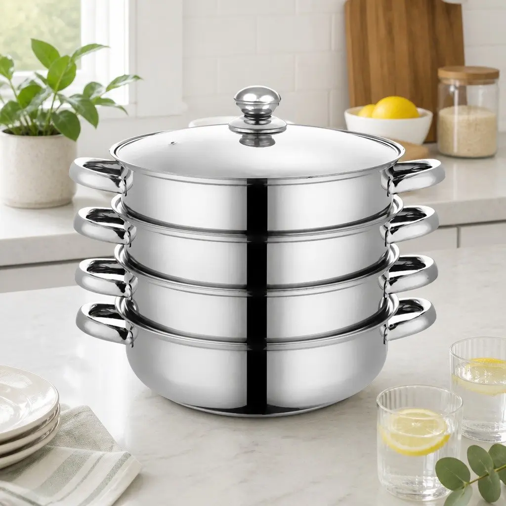 4 Layer Stainless Steel Steamer with Glass Lid