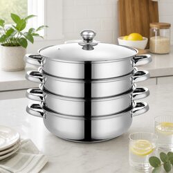 4 Layer Stainless Steel Steamer Pot Glass Lid Vegetable Meat Cooking Kitchen