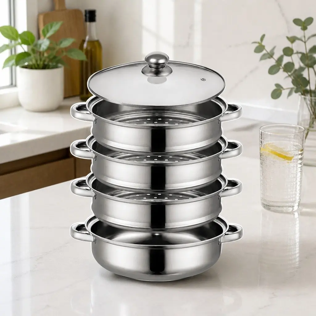 4 Layer Stainless Steel Steamer Pot Glass Lid 27cm Silver