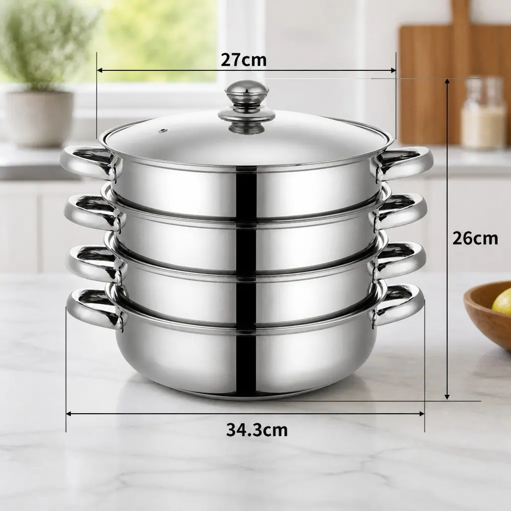 4 Layer Stainless Steel Steamer Pot Glass Lid 27cm Silver