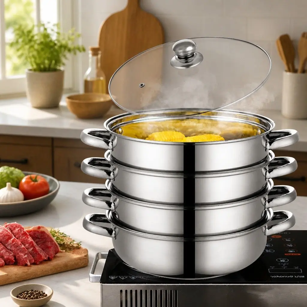 4 Layer Stainless Steel Steamer Pot Glass Lid 27cm Silver