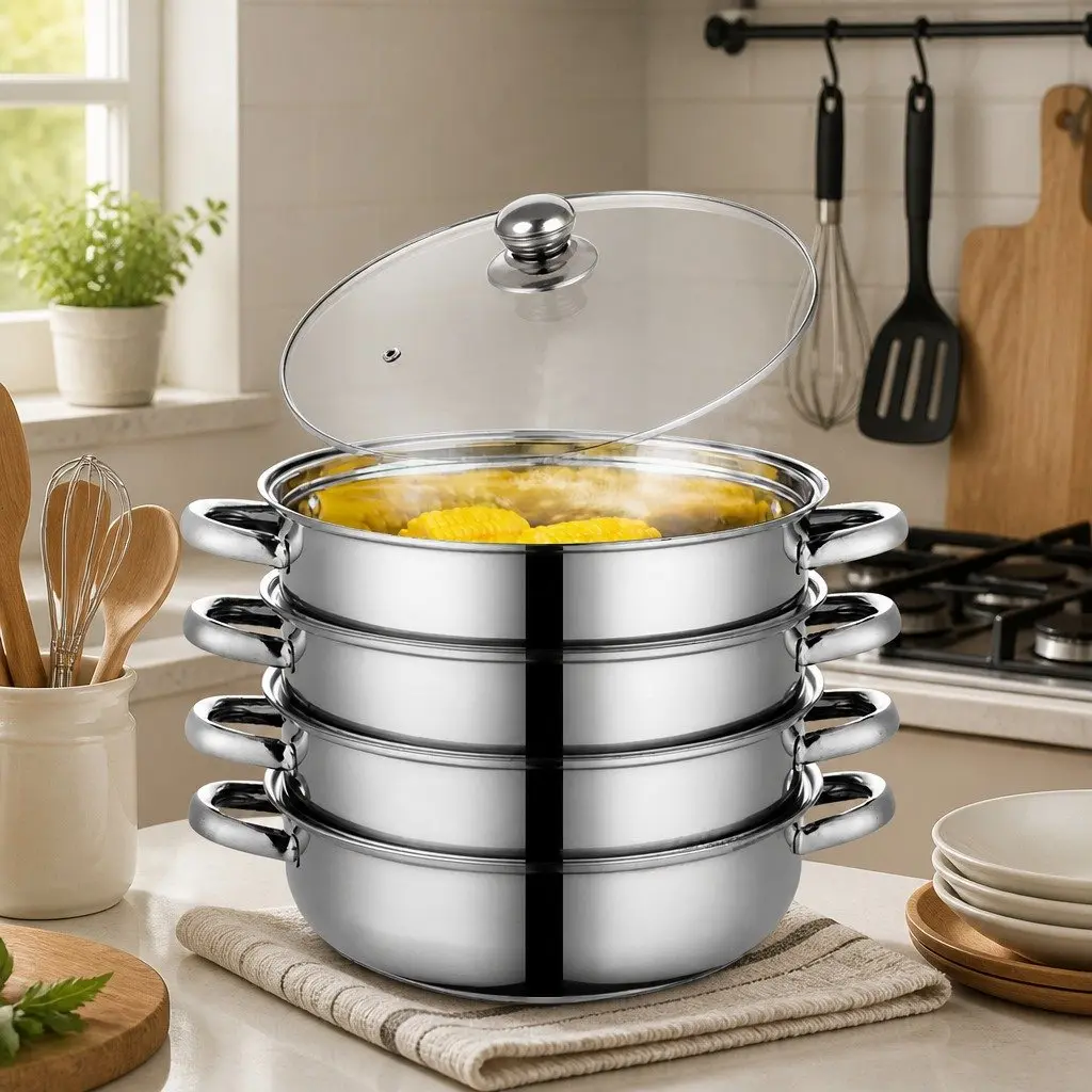 4 Layer Stainless Steel Steamer Pot Glass Lid 27cm Silver