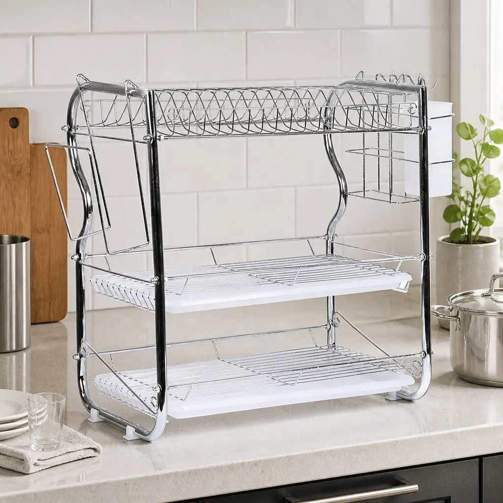 3-Tier Dish Rack Steel 40.8cm x 24.5cm x 43.5cm Silver