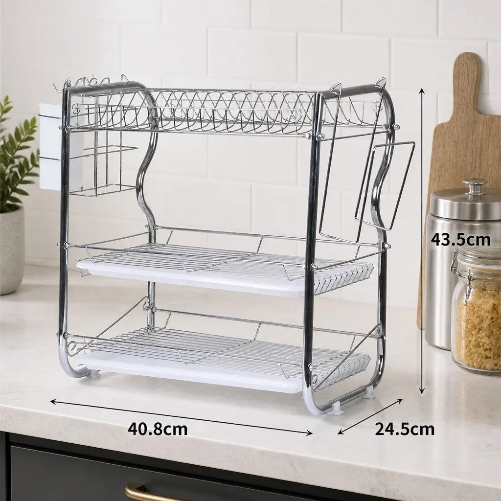3-Tier Dish Rack Steel 40.8cm x 24.5cm x 43.5cm Silver