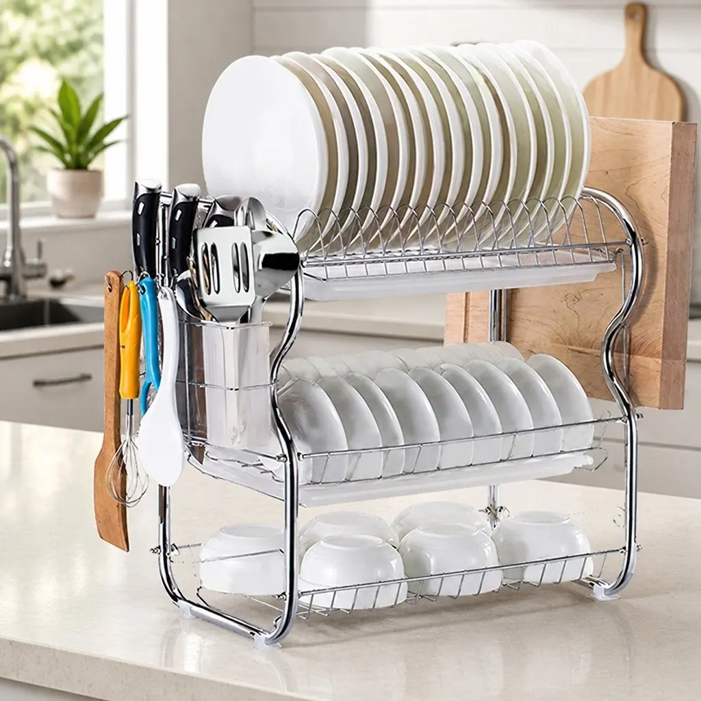 3-Tier Dish Rack Steel 40.8cm x 24.5cm x 43.5cm Silver