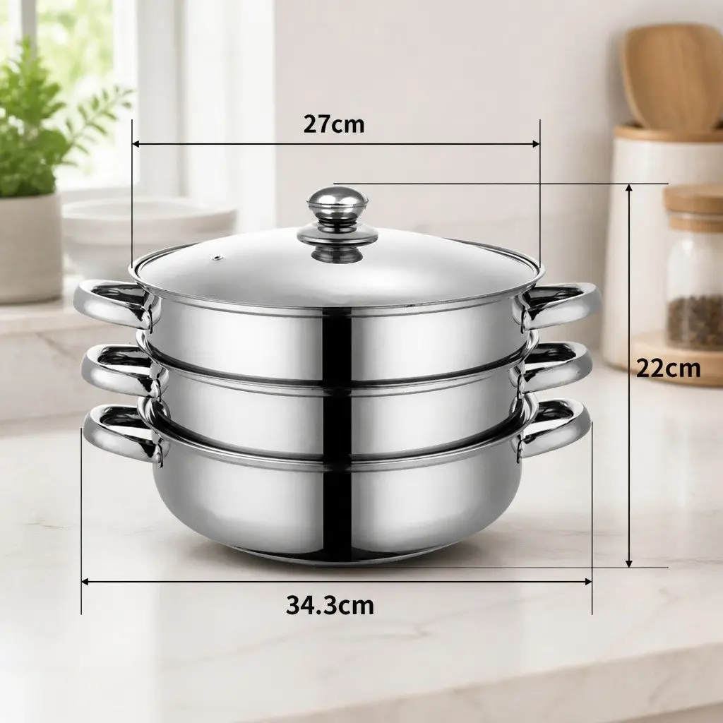 3 Layer Stainless Steel Steamer with Glass Lid