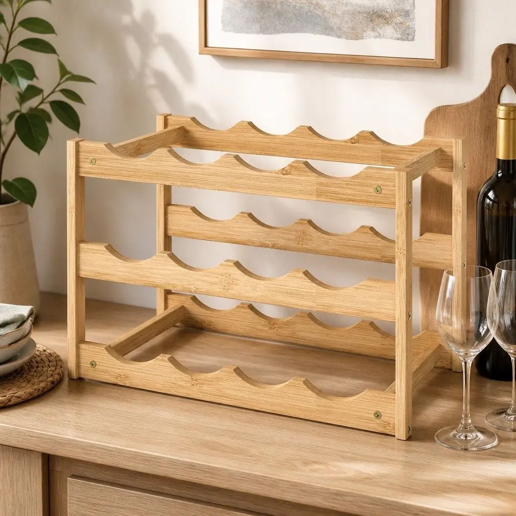 Bamboo Wine Rack 3-Tier Natural 12 Bottle Organizer Storage Holder Display