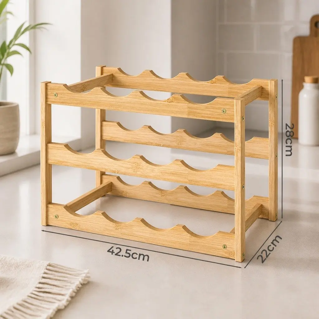Bamboo Wine Rack 3-Tier Natural 12 Bottle Organizer Storage Holder Display