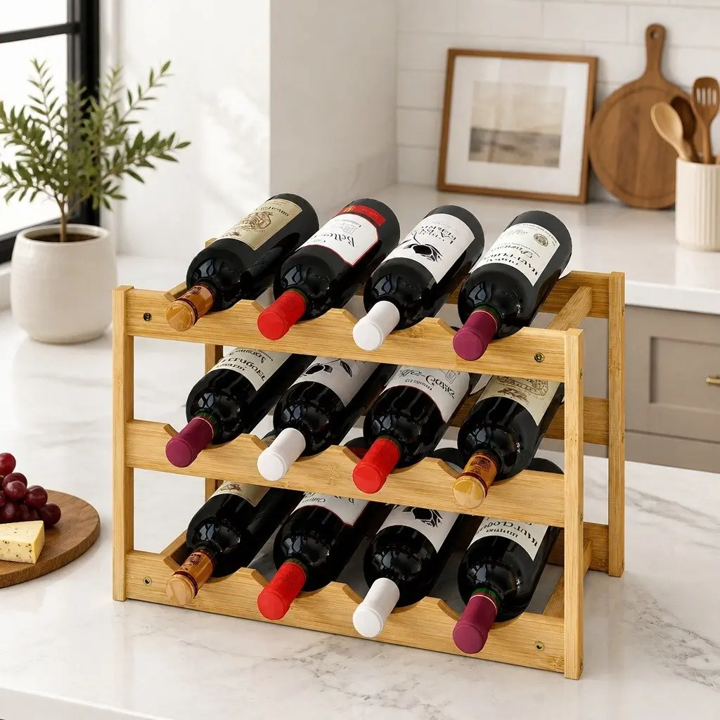 Bamboo Wine Rack 3-Tier Natural 12 Bottle Organizer Storage Holder Display