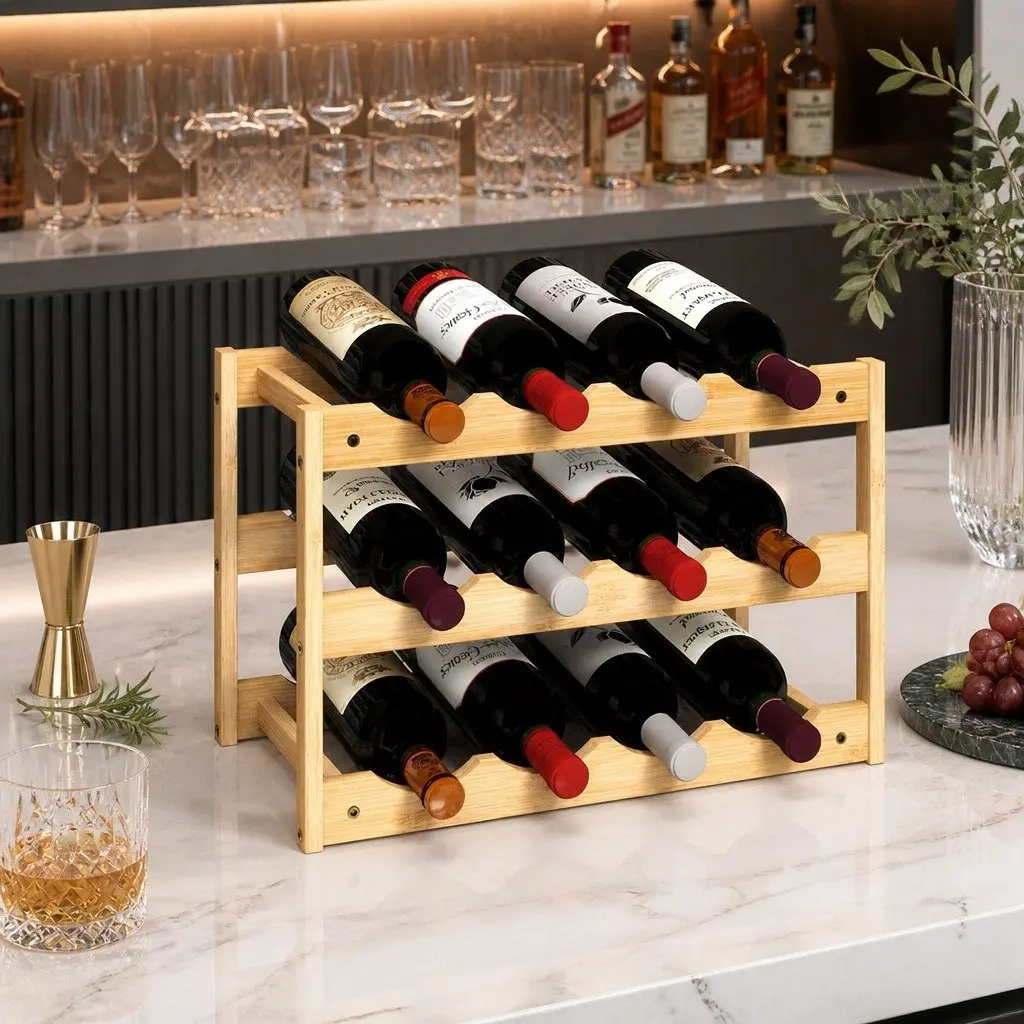 Bamboo Wine Rack 3-Tier Natural 12 Bottle Organizer Storage Holder Display