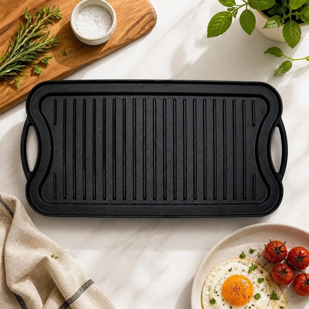 Cast Iron Griddle Pan 50.5cm Black Reversible Dual-Sided Non-Stick Frying Skillet