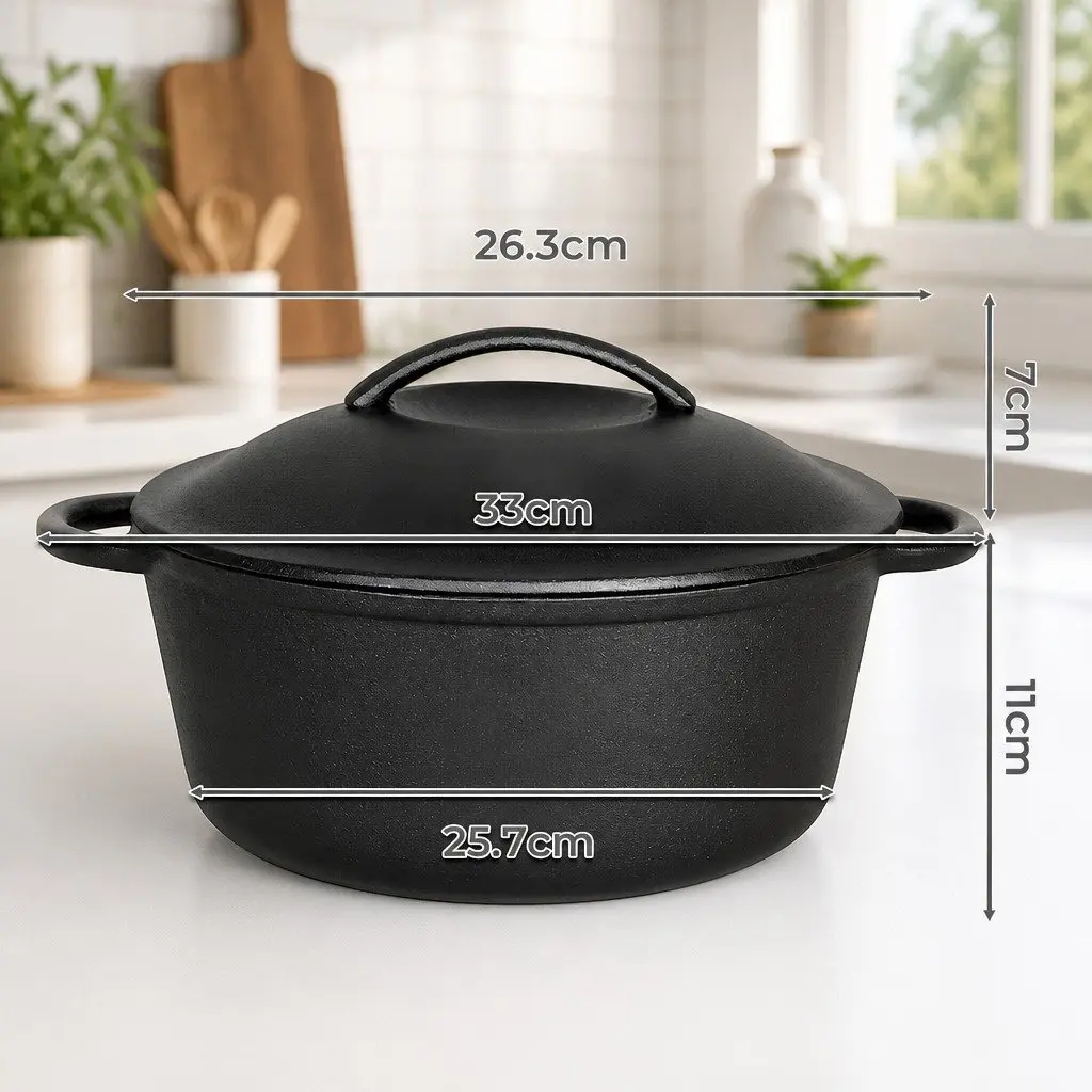 Cast Iron Dutch Oven Heavy Duty 6.6L Casserole Pot Black