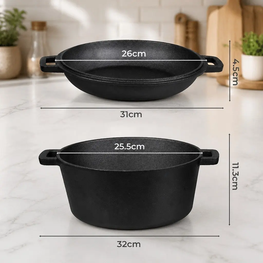 Cast Iron Cooking Set 5.84L Dual Pot Shallow Pan Deep Pot Black