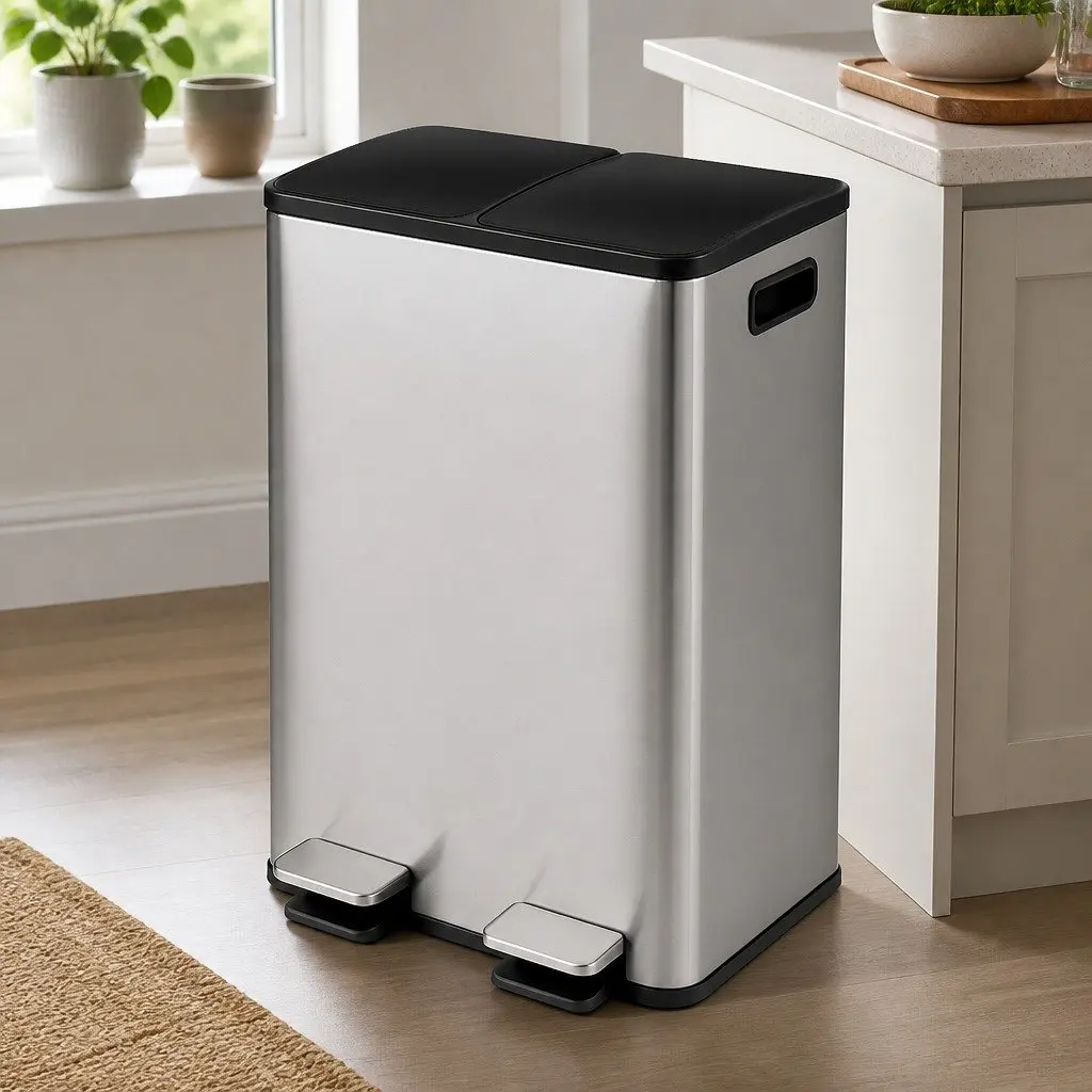 60L Dual Compartment Stainless Steel Pedal Bin