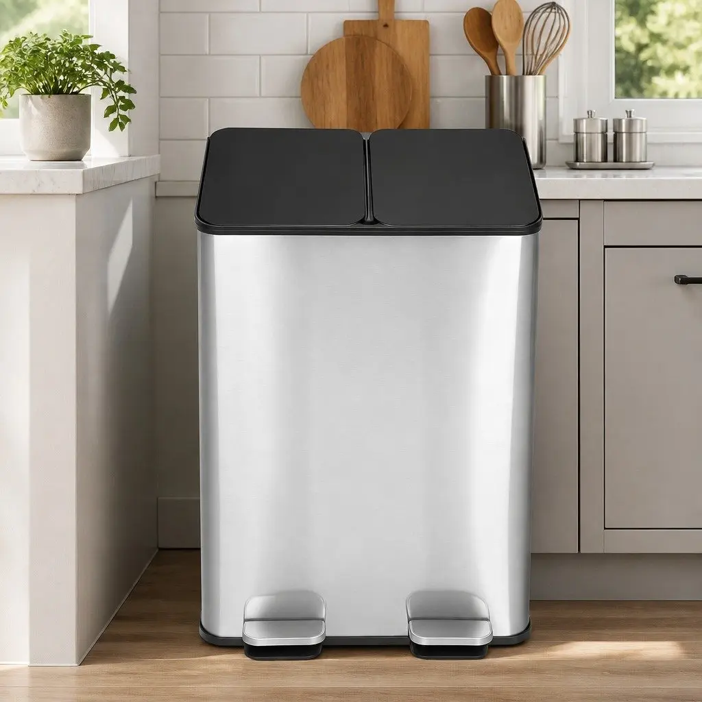 60L Dual Compartment Stainless Steel Pedal Bin