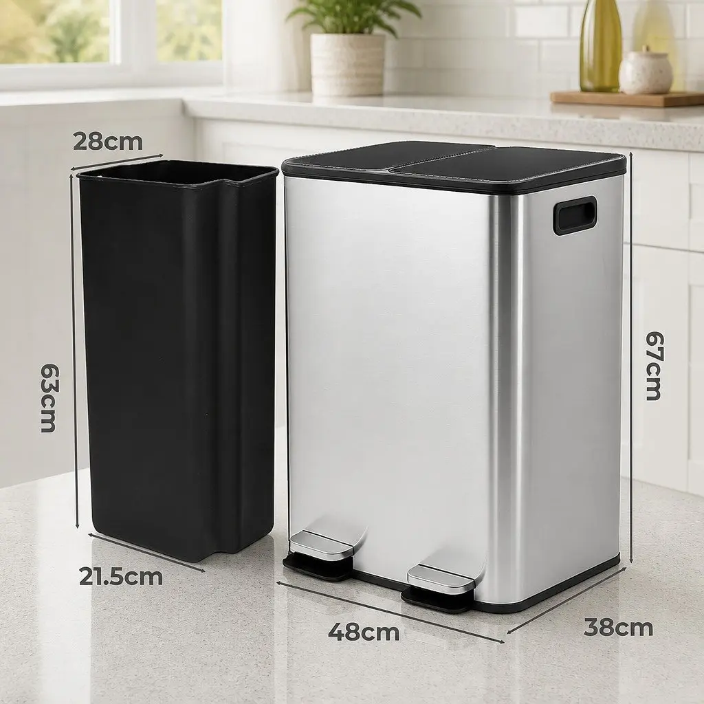 60L Dual Compartment Stainless Steel Pedal Bin