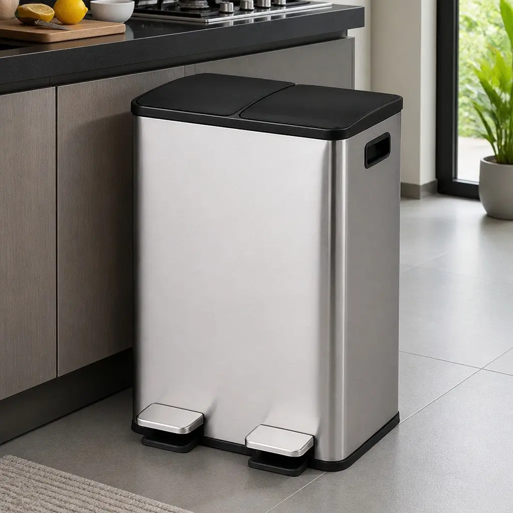 60L Dual Compartment Stainless Steel Pedal Bin
