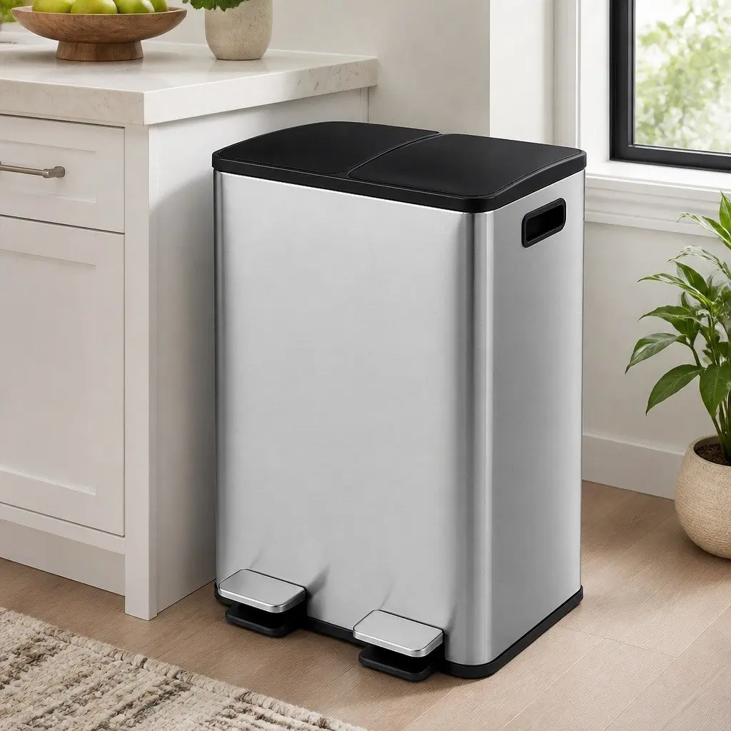 60L Dual Compartment Stainless Steel Pedal Bin