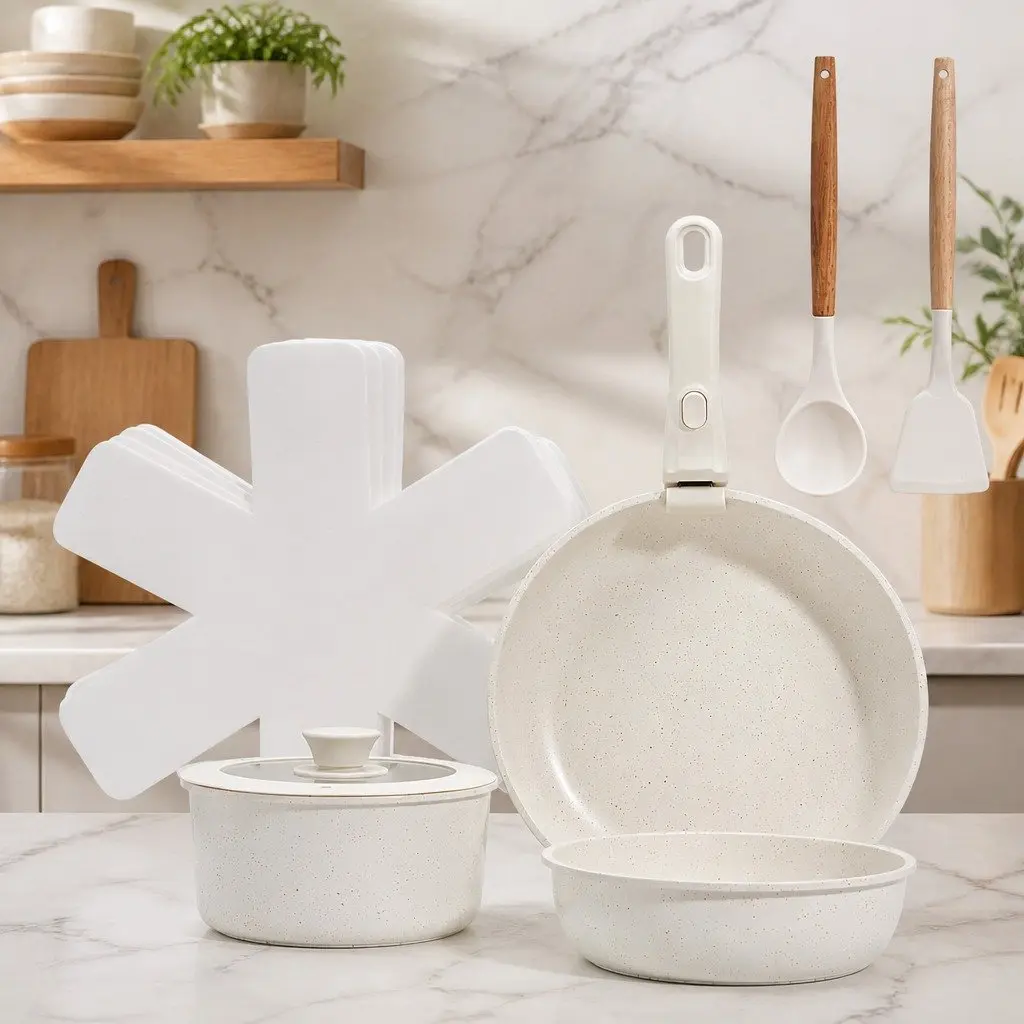 9 Piece Non Stick Cookware Set Aluminium Alloy White Stackable