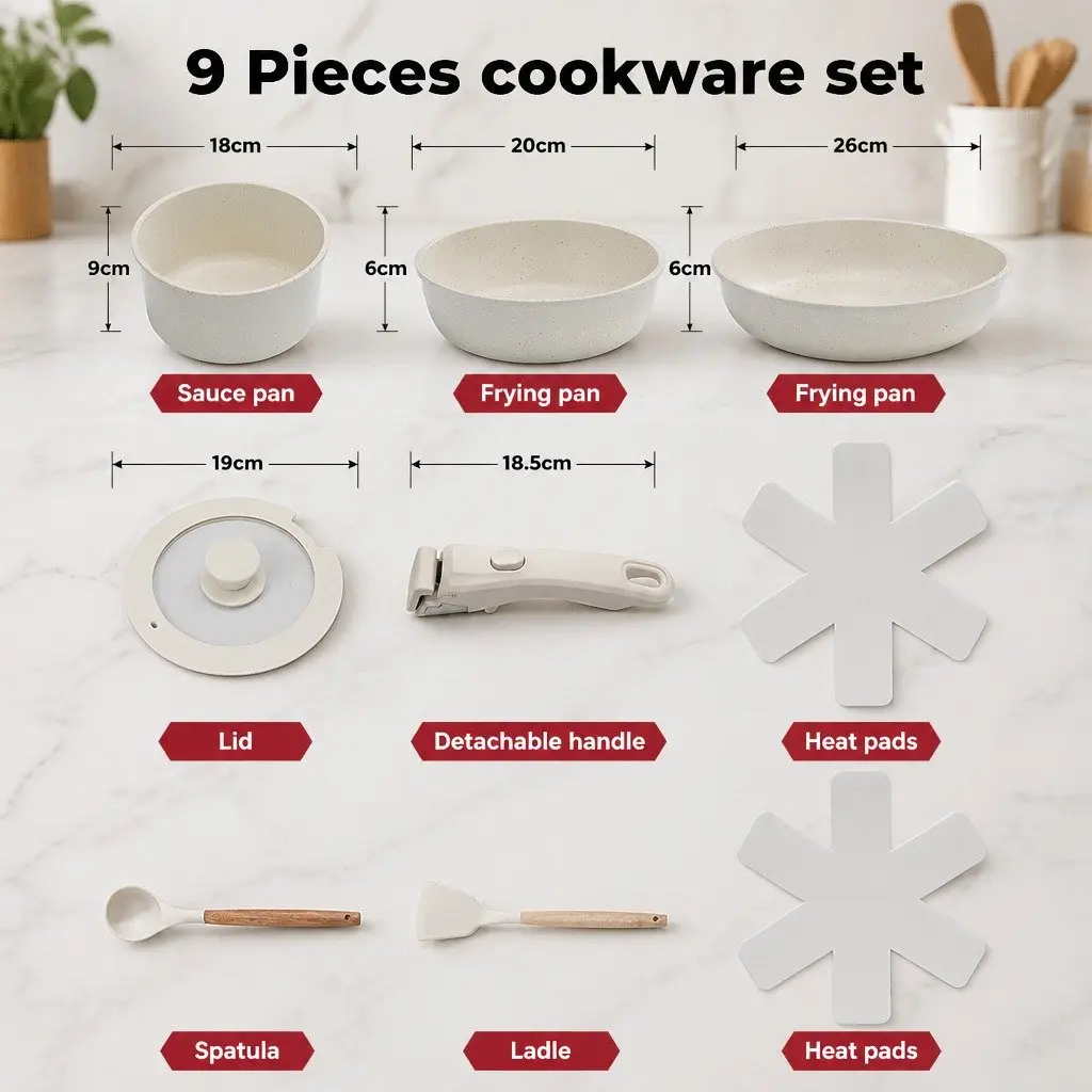 9 Piece Non Stick Cookware Set Aluminium Alloy White Stackable