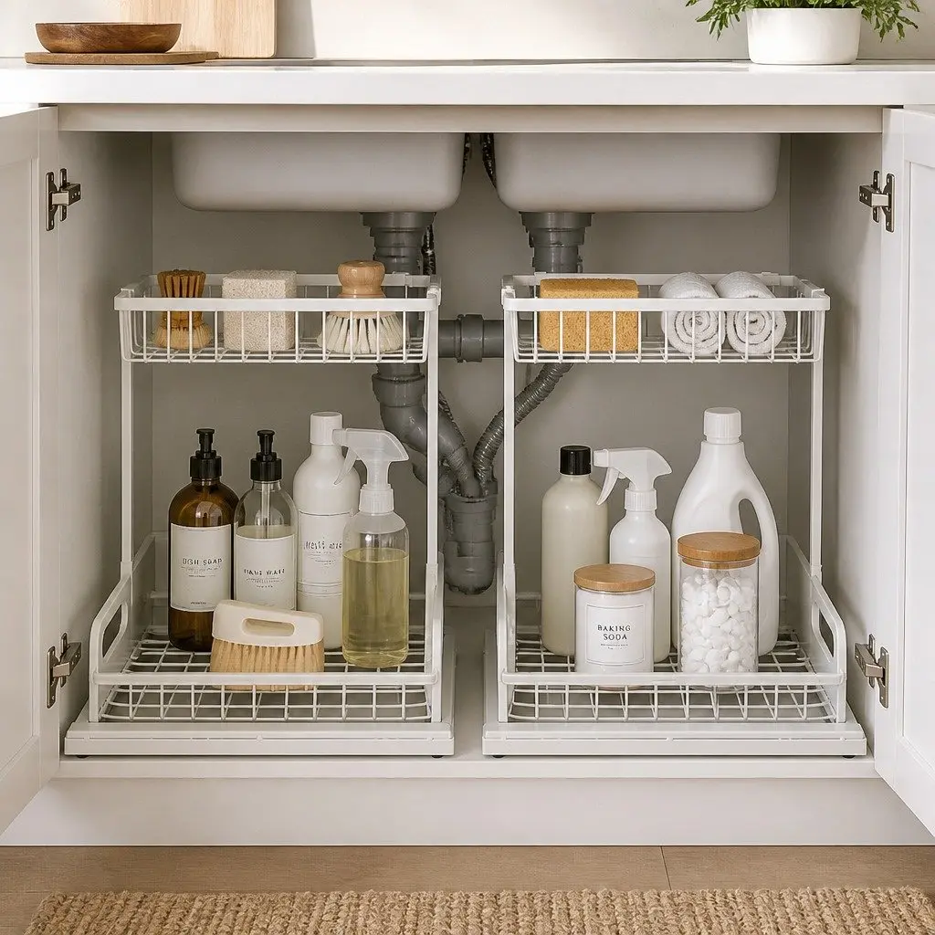 Under Sink Storage Rack Carbon Steel 2-Tier White