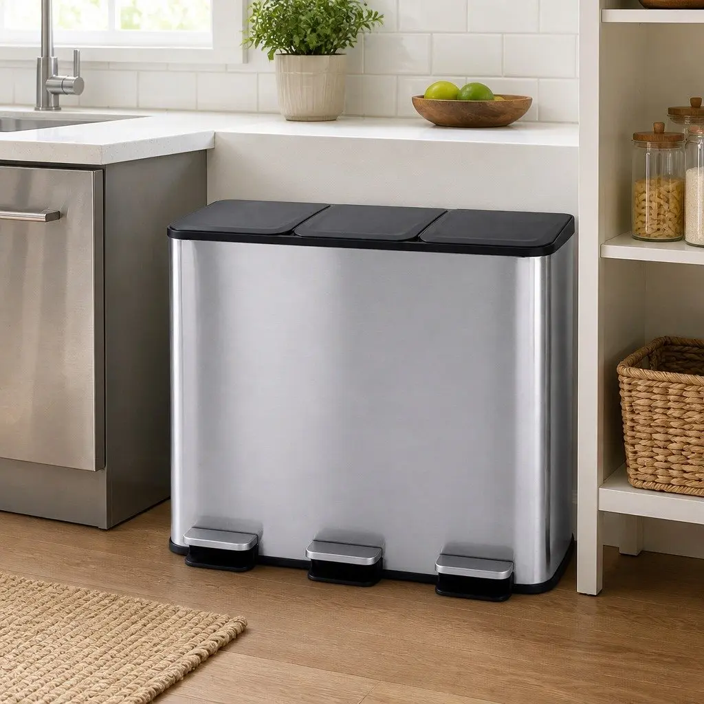 3 Compartment Pedal Rubbish Bin Kitchen Trash Can 54L Waste Sorting Recycling
