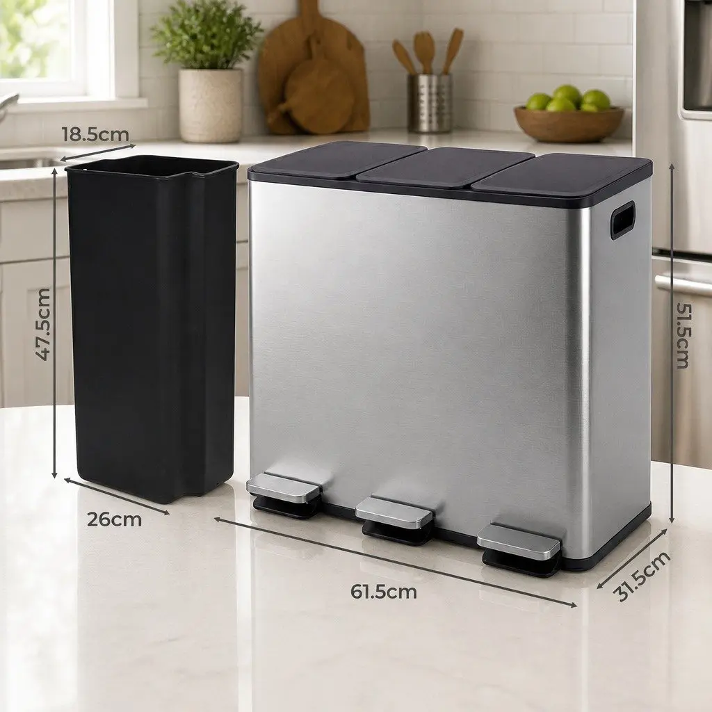 3 Compartment Pedal Rubbish Bin Kitchen Trash Can 54L Waste Sorting Recycling