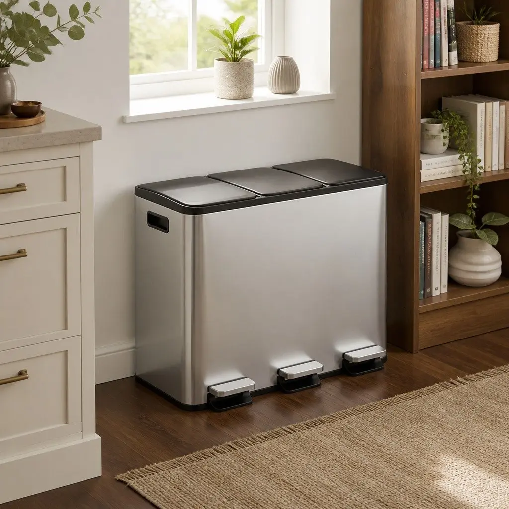 3 Compartment Pedal Rubbish Bin Kitchen Trash Can 54L Waste Sorting Recycling