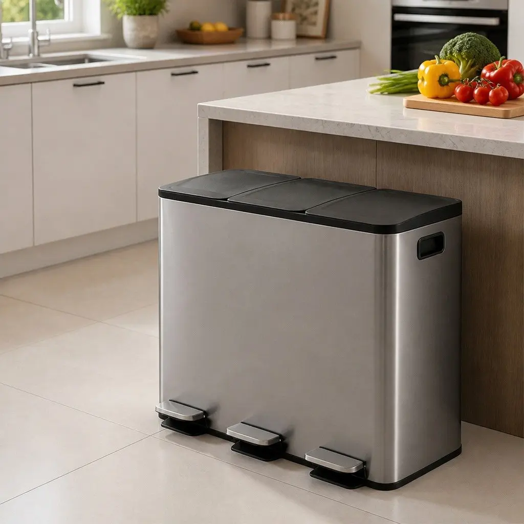 3 Compartment Pedal Rubbish Bin Kitchen Trash Can 54L Waste Sorting Recycling