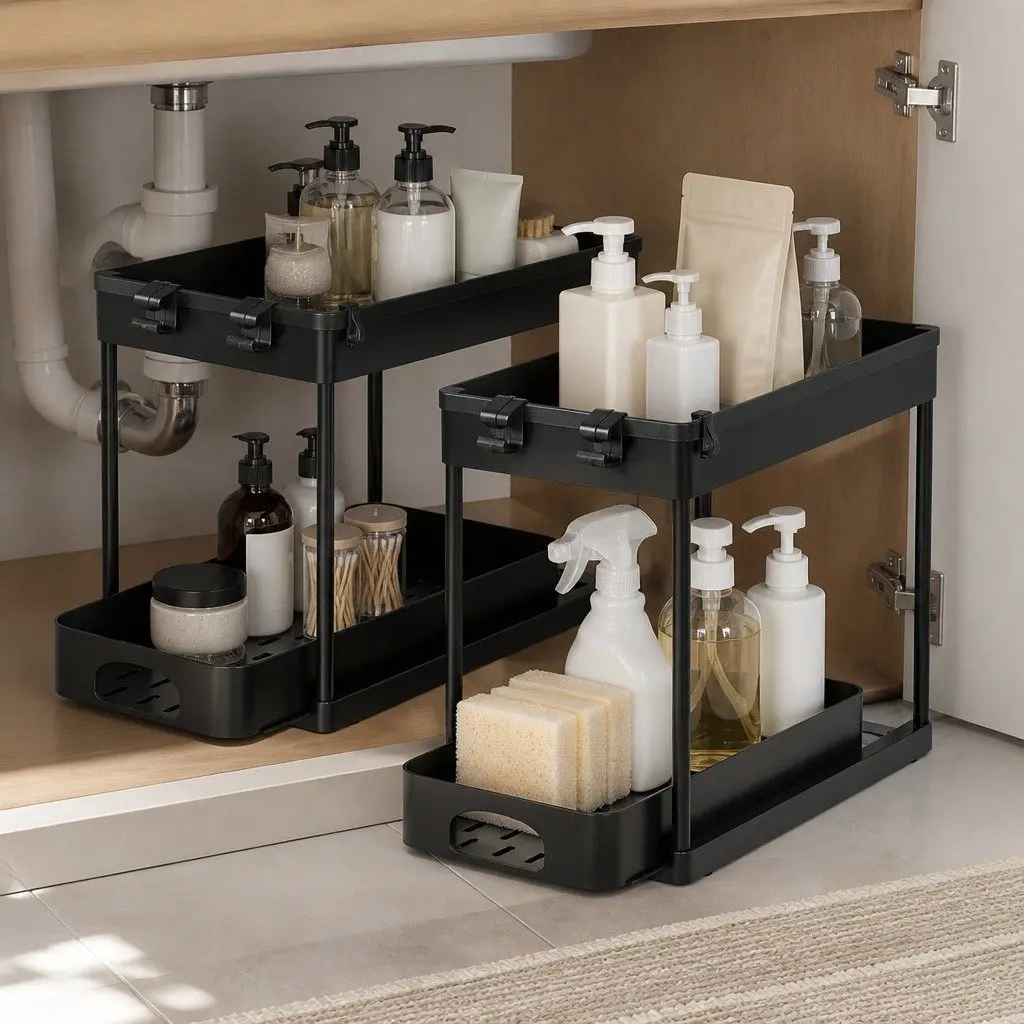 Under Sink Organizer ABS 2 Tier Black Storage Rack Pull Out Drawer