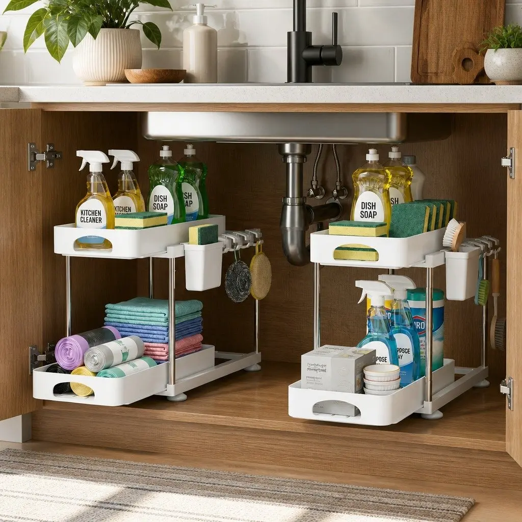 Under Sink Cabinet Organizer 2 Tier Adjustable Storage Rack Kitchen Bathroom