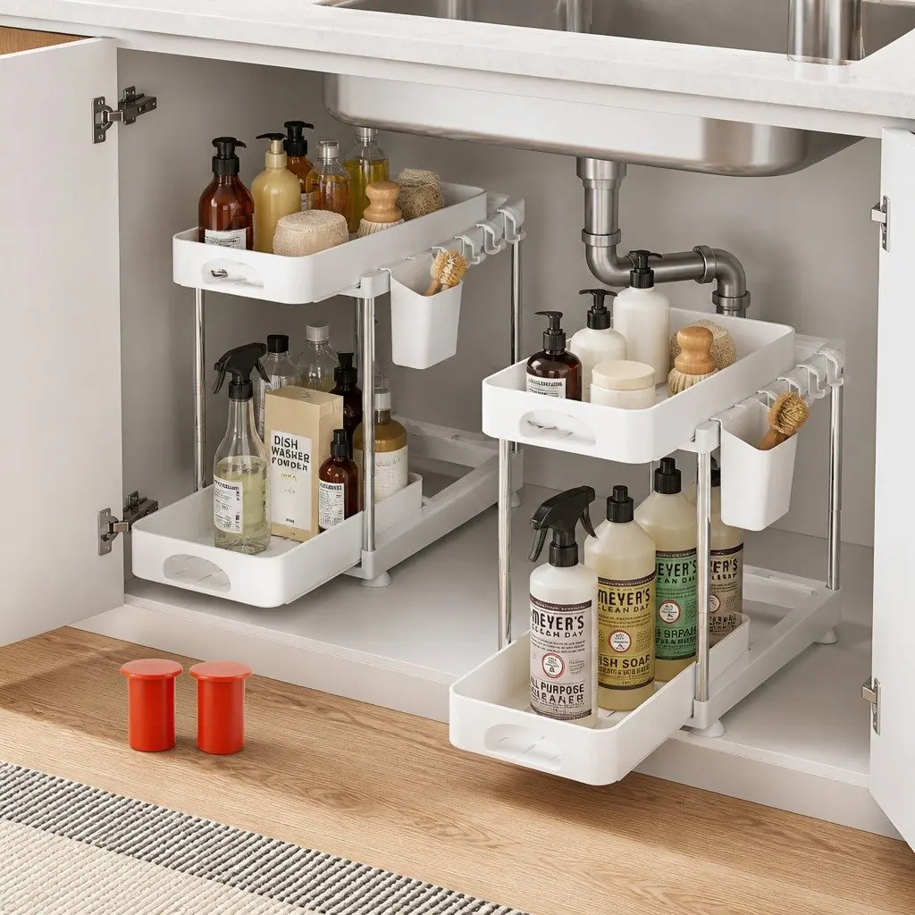 Under Sink Cabinet Organizer 2 Tier Adjustable Storage Rack Kitchen Bathroom