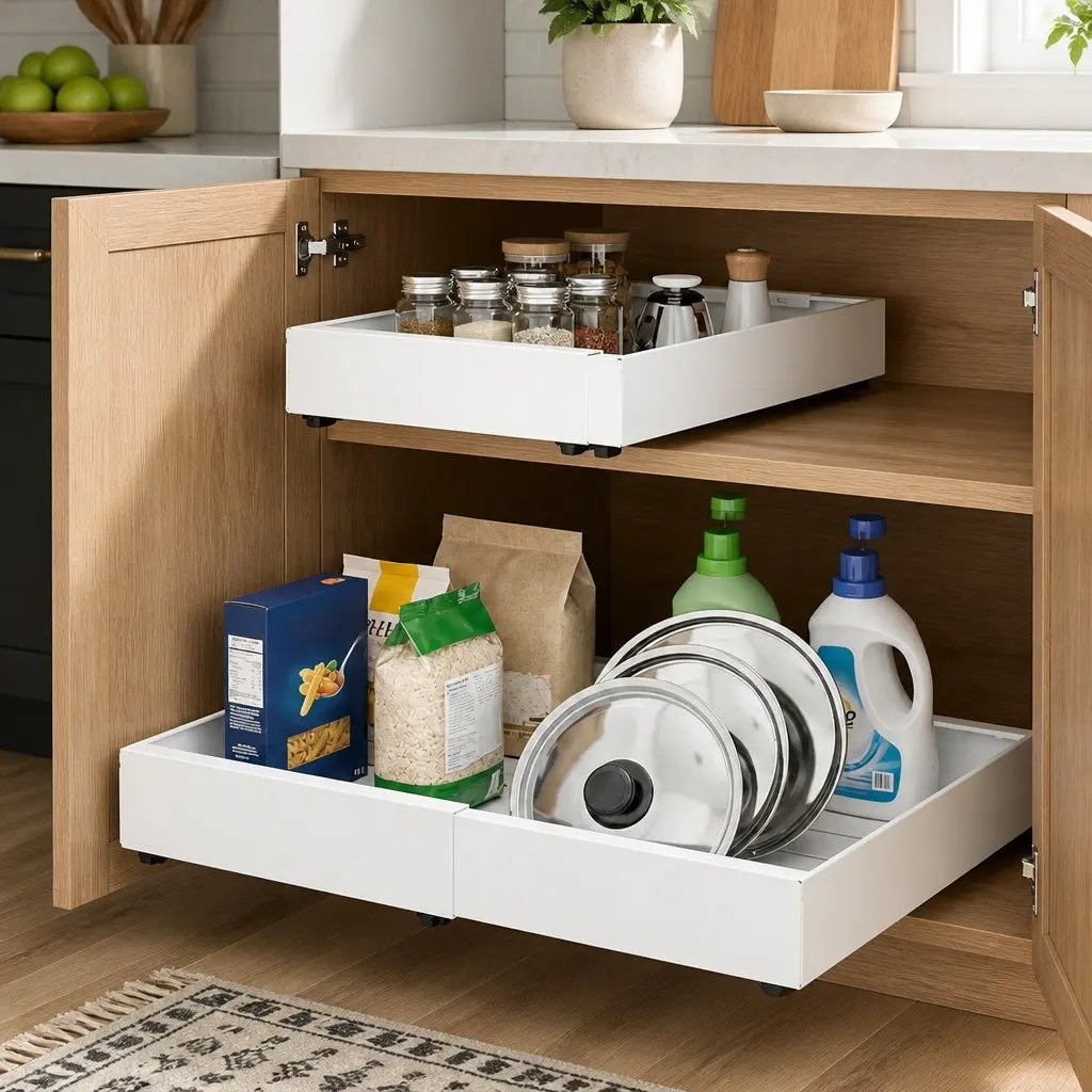 Pull Out Cabinet Organizer Drawer Shelf Kitchen Storage Basket 2Pcs Adjustable