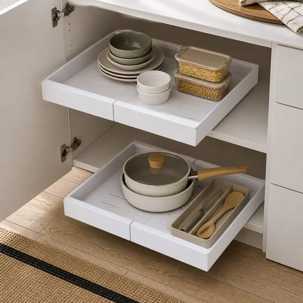 Pull Out Cabinet Organizer Drawer Shelf Kitchen Storage Basket 2Pcs Adjustable