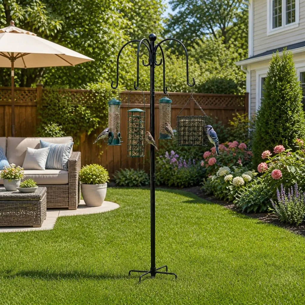 Bird Feeder Station Iron 224cm Adjustable Height Black Outdoor Garden Stand