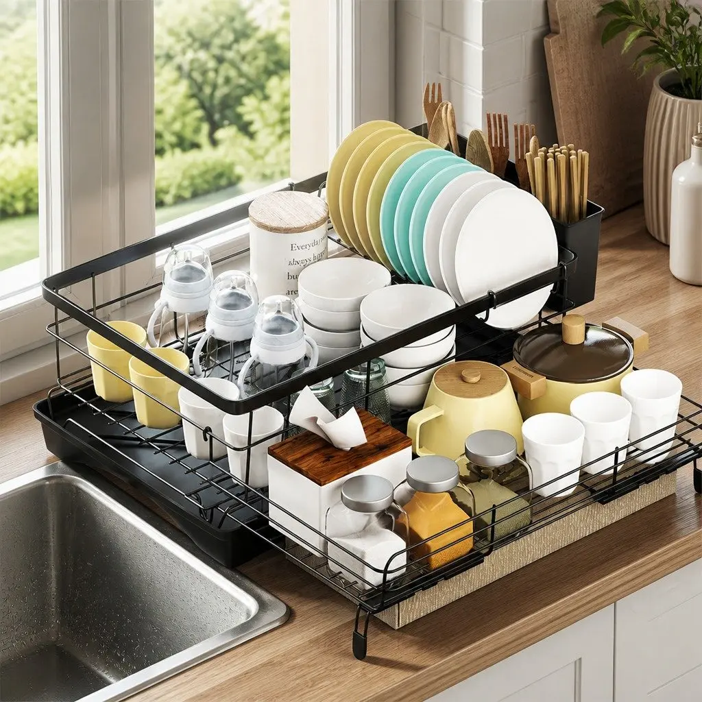 Expandable Dish Drying Rack with Drain Bowl