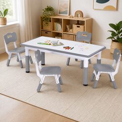 Kids Table and 4 Chairs Set Height Adjustable Activity Desk Draw-on Tabletop