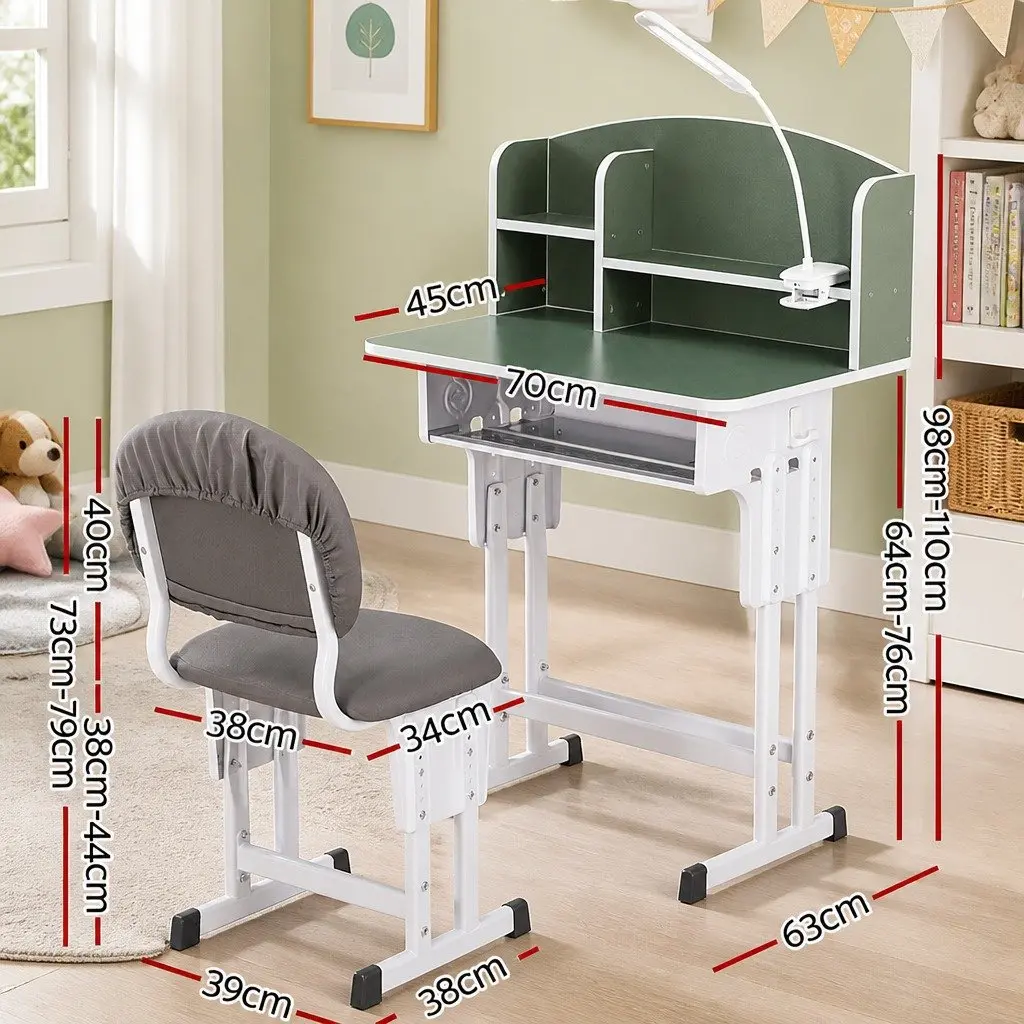 Kids Study Desk Chair Set Ergonomic Height Adjustable Iron MDF PP Sponge Green