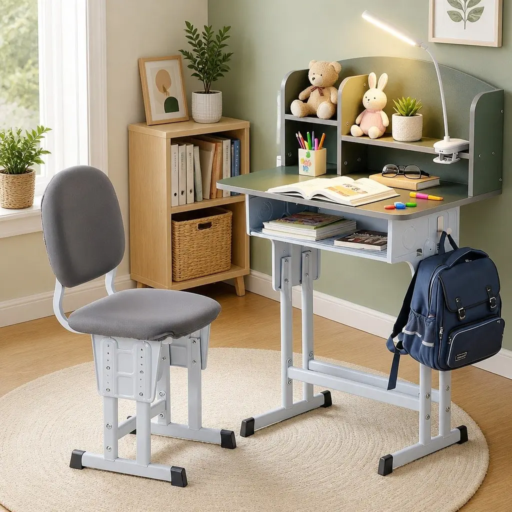Kids Study Desk Chair Set Ergonomic Height Adjustable Iron MDF PP Sponge Green