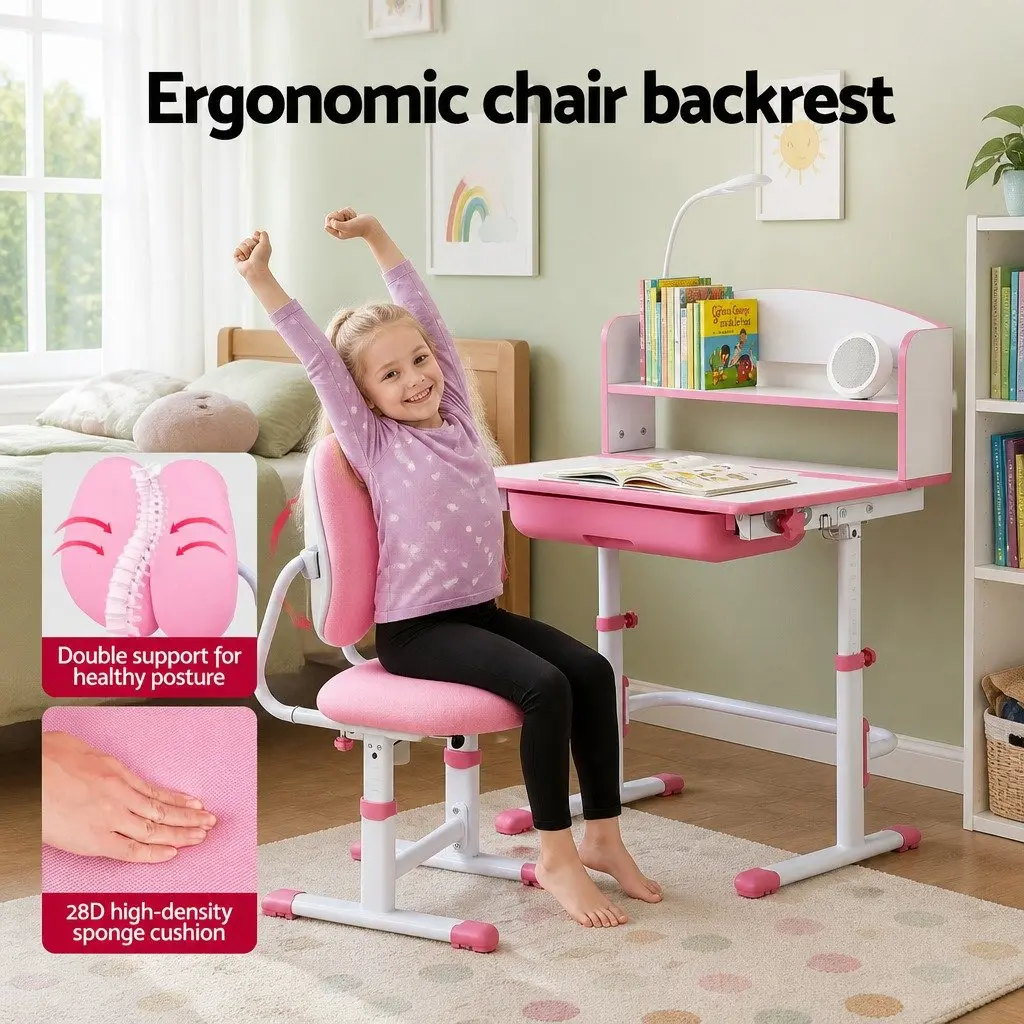 Kids Desk Chair Set Height Adjustable Ergonomic Pink with LED Lamp