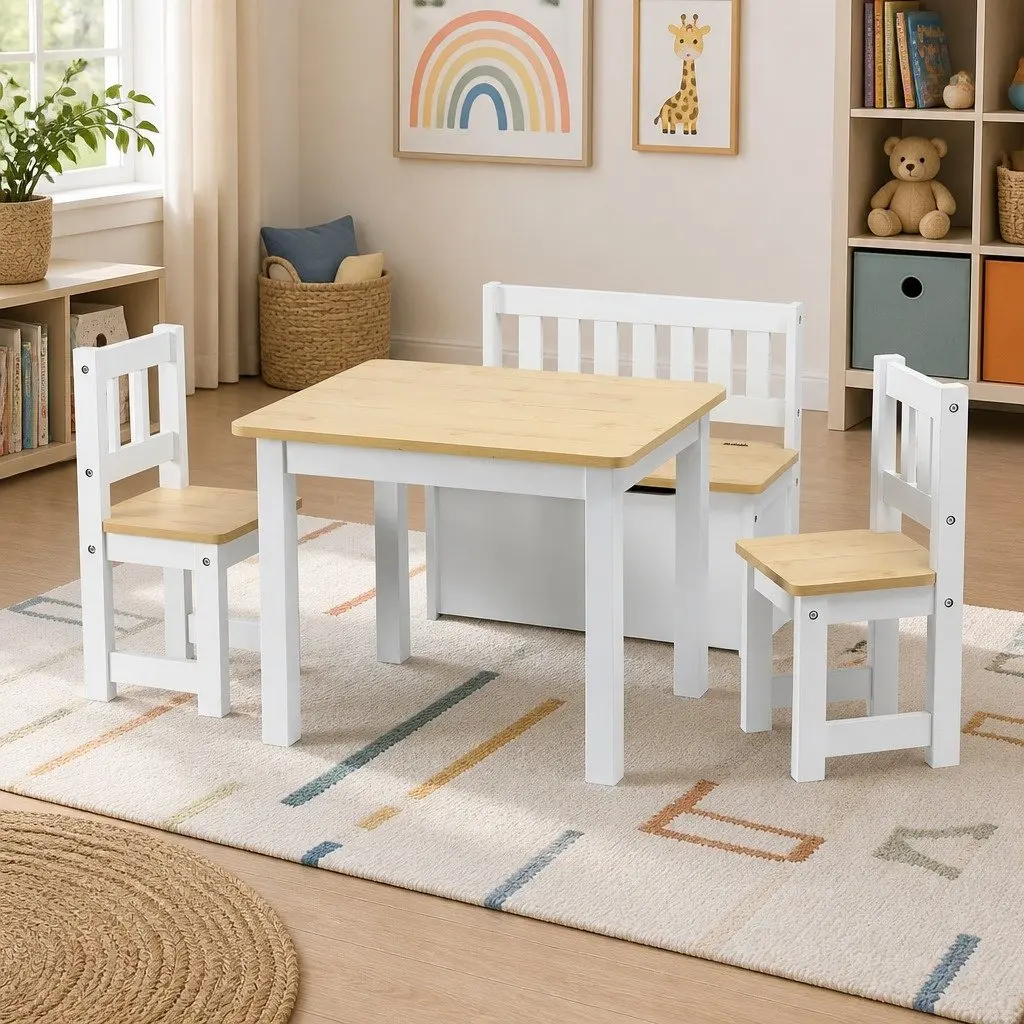 4-Piece Kids Table and Chair Set with Storage Bench