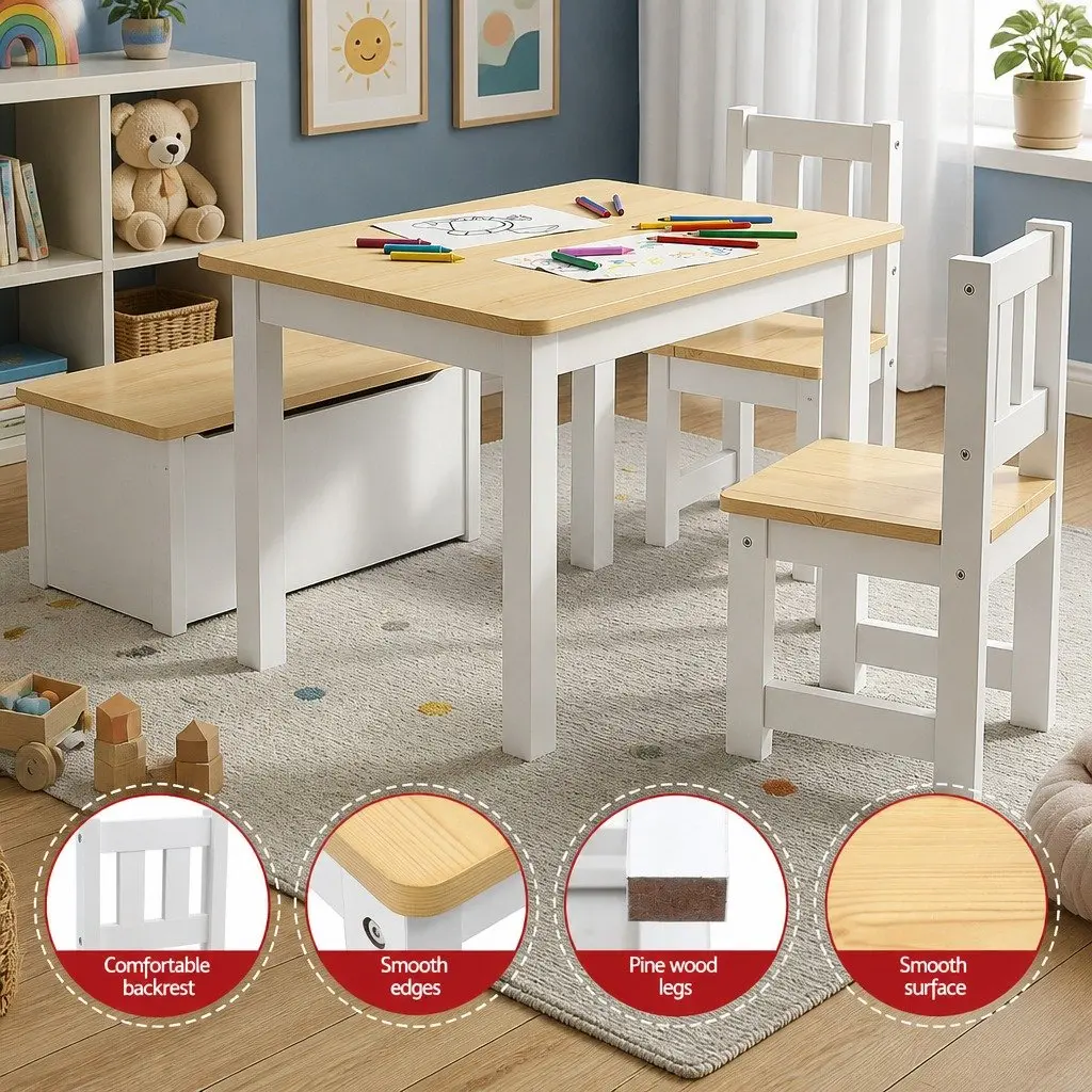 Kids Activity Table and Chair Set Medium-density Fiberboard White and Natural Teakwood 4-Piece