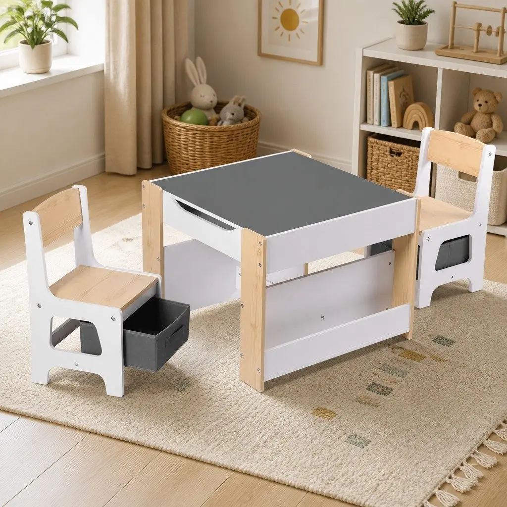 Wooden Kids Table and Chair Set with Blackboard & Whiteboard