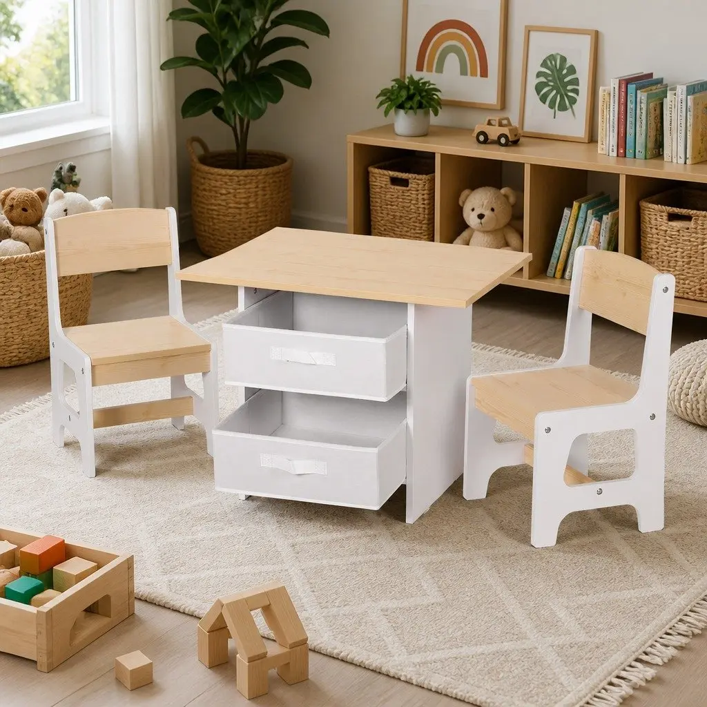 Kids Table and Chair Set with Storage Drawers